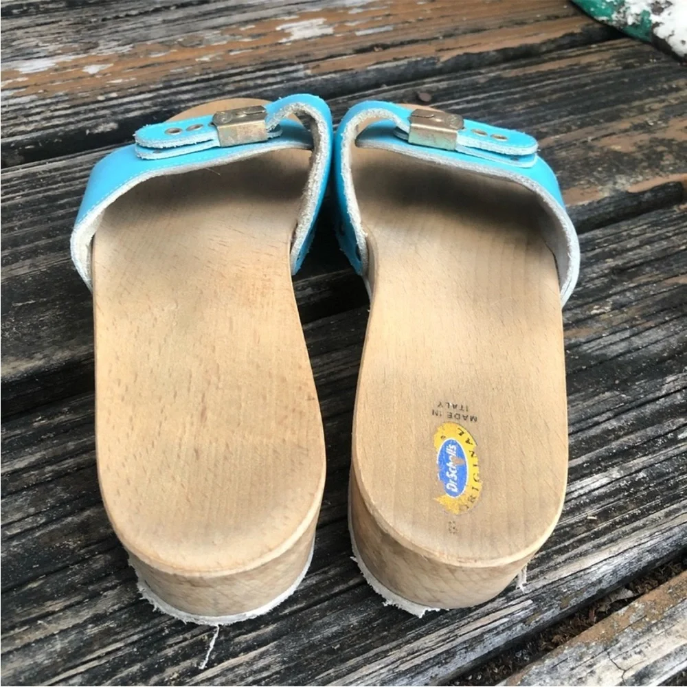 Dr Scholls Aqua Blue Wood Leather Exercise Sandals Sz 8 Slip On Vintage 70s 80s